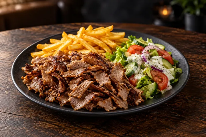Dönerteller mit Pommes und Salat, KI-generierter Serviervorschlag
