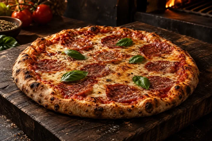 Pizza mit Salami, KI-generierter Serviervorschlag